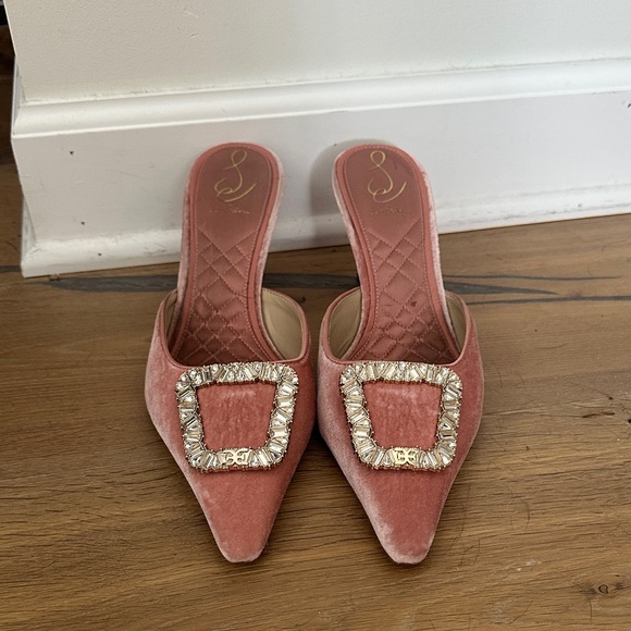 Sam Edelman Shoes - Sam Edelman Pink Velvet Mule Heels with Crystal Buckles